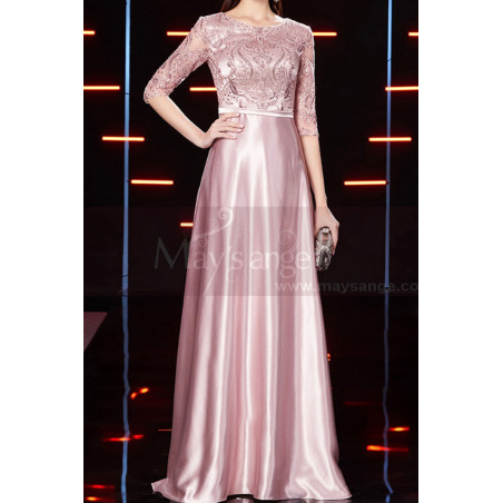 Robe de soirée rose élégante en satin avec haut chic brodé en dentelle
