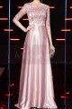 elegant pink satin evening dress with chic lace embroidered top - Ref L2393 - 03