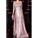 elegant pink satin evening dress with chic lace embroidered top - Ref L2393 - 04