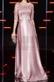 elegant pink satin evening dress with chic lace embroidered top - Ref L2393 - 04