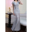 Long formal dress in thick satin with magnificent embroidered top and mermaid cut skirt - Ref L2394 - 02