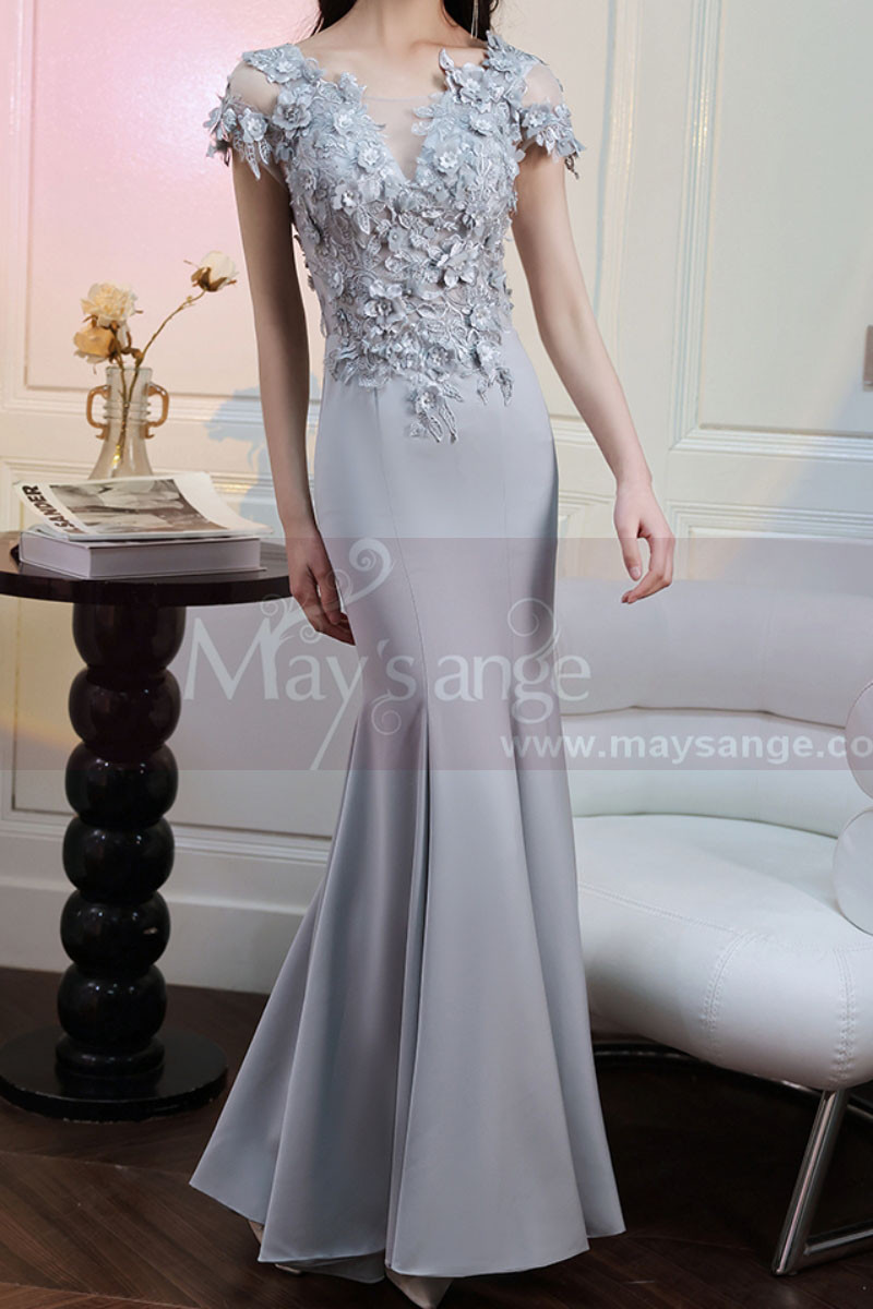 Long formal dress in thick satin with magnificent embroidered top and mermaid cut skirt - Ref L2394 - 01
