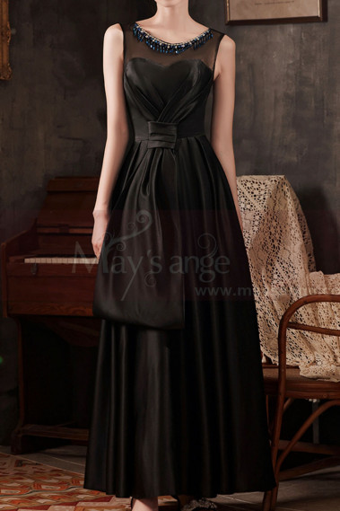 Simple ceremony dress in black satin with tied top and stylish collar - L2395 #1