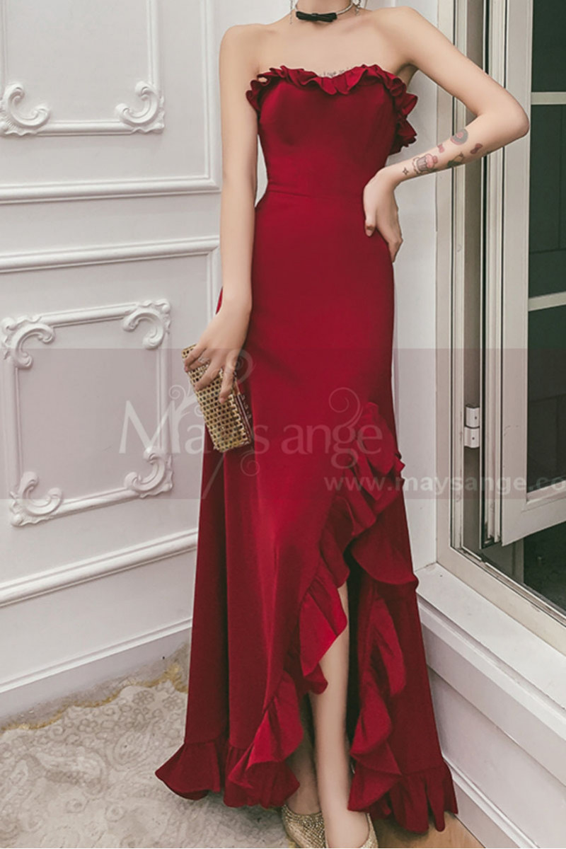 Long glamorous red evening dress with bustier and side slit - Ref L2396 - 01