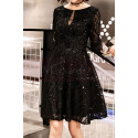 Simple black cocktail dress with rhinestones and simple mid-long sleeves - Ref C2989 - 03