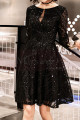 Simple black cocktail dress with rhinestones and simple mid-long sleeves - Ref C2989 - 03