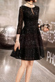 Simple black cocktail dress with rhinestones and simple mid-long sleeves - Ref C2989 - 04