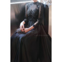 Long black satin dress for ceremony with chic guipure top and sleeves - Ref L2397 - 02