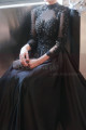 Long black satin dress for ceremony with chic guipure top and sleeves - Ref L2397 - 02