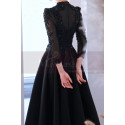 Long black satin dress for ceremony with chic guipure top and sleeves - Ref L2397 - 03