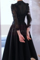 Long black satin dress for ceremony with chic guipure top and sleeves - Ref L2397 - 03