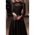 Long black satin dress for ceremony with chic guipure top and sleeves - Ref L2397 - 04