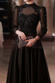 Long black satin dress for ceremony with chic guipure top and sleeves - Ref L2397 - 04