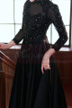 Long black satin dress for ceremony with chic guipure top and sleeves - Ref L2397 - 05