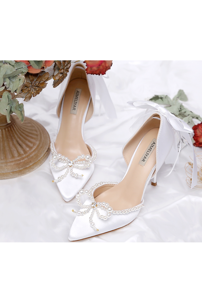 Chic white pump for wedding with pearls - Ref CH126 - 01