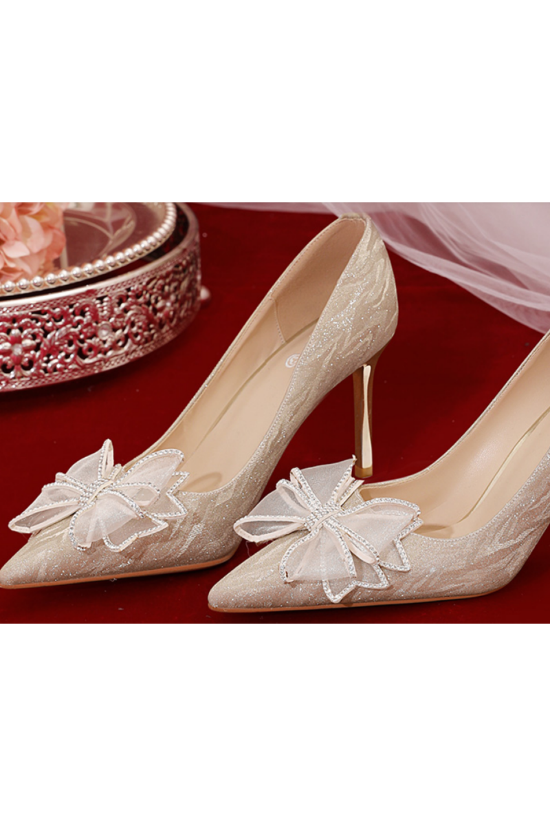 Champagne color rhinestone pumps with pretty bow for wedding - Ref CH127 - 01