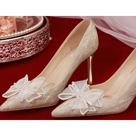 Escarpins en strass couleur champagne avec joli noeud pour mariage
