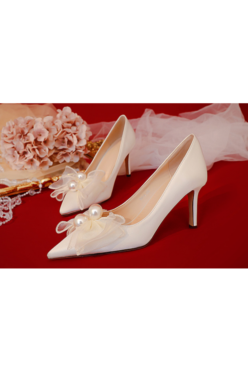 Chic white heeled shoes for wedding with pretty bow - Ref CH130 - 01