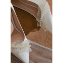 Escarpin blanc classe avec joli motif à perles sur le devant pour mariage - Ref CH133 - 03