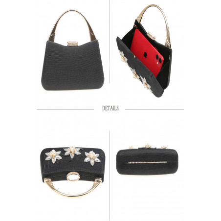 Somptueux pochette avec fleur ornée de perles couleur noir