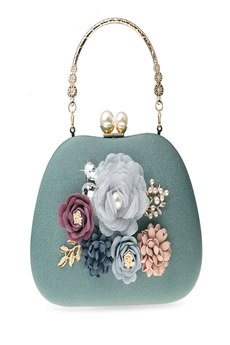 Pochette glamour pour mariage fleur 3D et chaîne argenté couleur pastel - Ref SAC1240 - 01