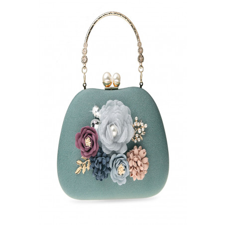 Pochette glamour pour mariage fleur 3D et chaîne argenté couleur pastel