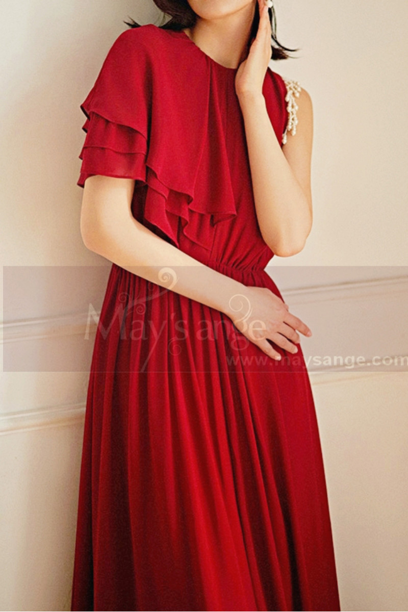 Long evening dress in raspberry chiffon with flounced sleeves on one side - Ref L2071 - 01