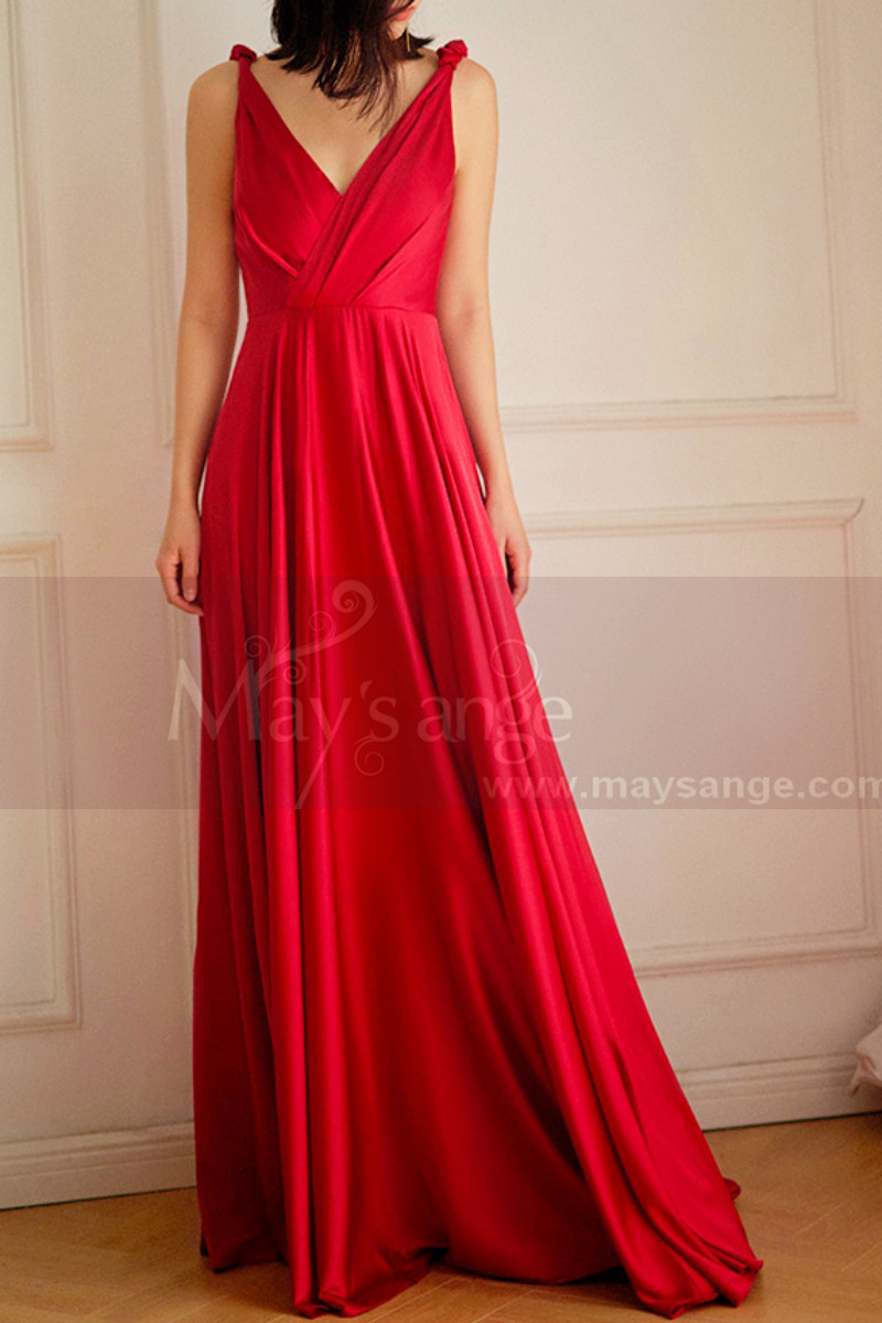 Red satin evening dress with double V neckline and small decorations on the straps - Ref L2068 - 01