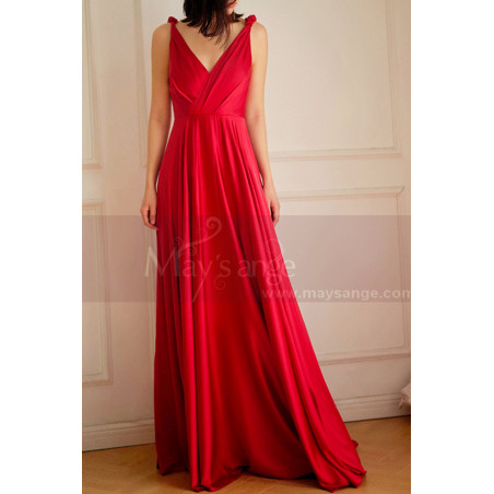 Robe soirée rouge satin double décolleté V petit décorations sur les bretelles