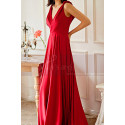 Red satin evening dress with double V neckline and small decorations on the straps - Ref L2068 - 05