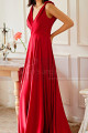 Red satin evening dress with double V neckline and small decorations on the straps - Ref L2068 - 05