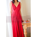 Red satin evening dress with double V neckline and small decorations on the straps - Ref L2068 - 04