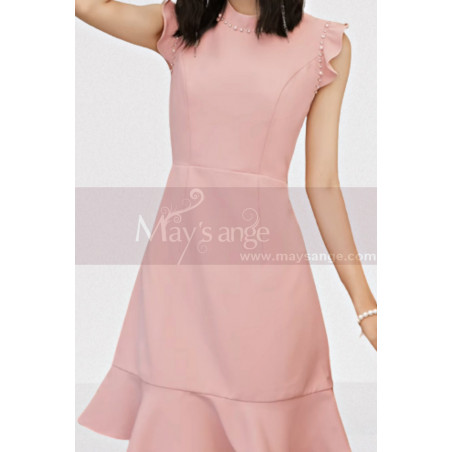 copy of Red satin evening dress with double V neckline and small decorations on the straps