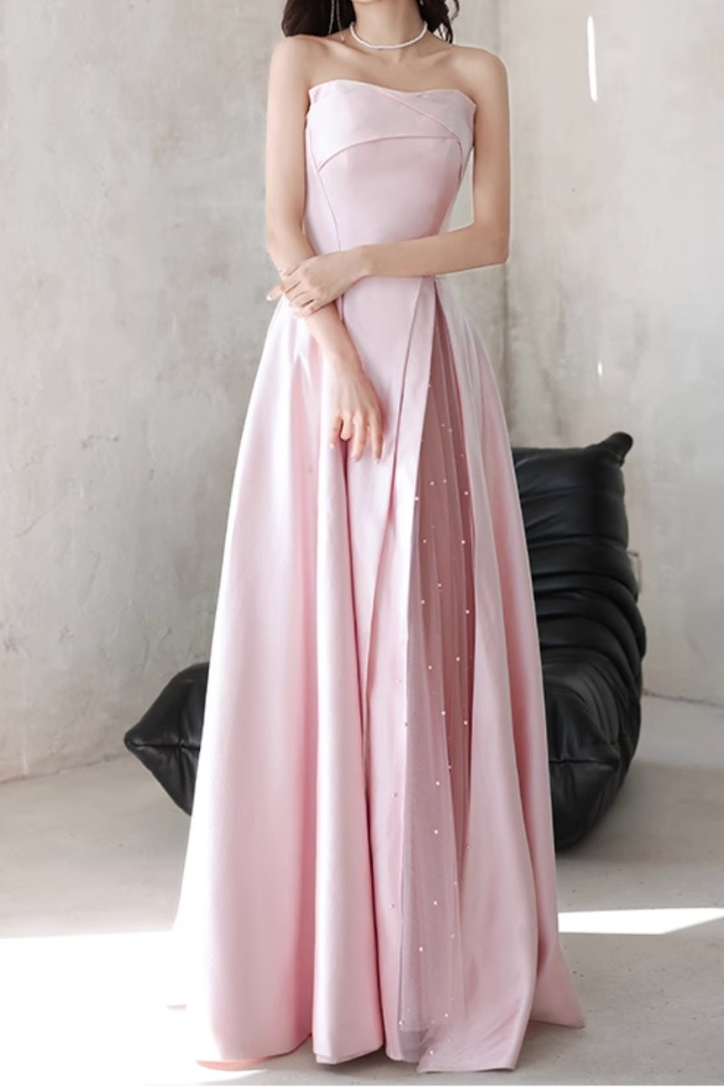 Long pink pearl dress in two materials - Ref L2083 - 01