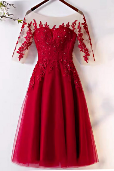 copy of Red satin evening dress with double V neckline and small decorations on the straps - C2067 #1