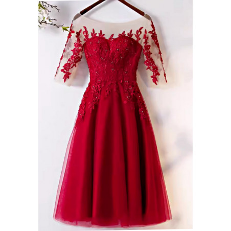 copy of Red satin evening dress with double V neckline and small decorations on the straps