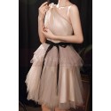 Robe soirée courte beige en tulle avec ceinture - Ref L2090 - 03