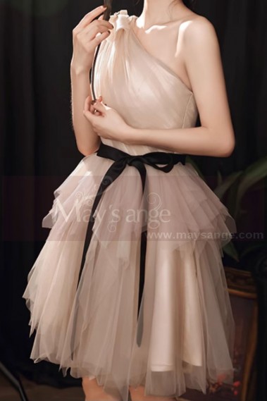 Robe soirée courte beige en tulle avec ceinture - L2090 #1