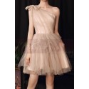 Robe soirée courte beige en tulle avec ceinture - Ref L2090 - 04