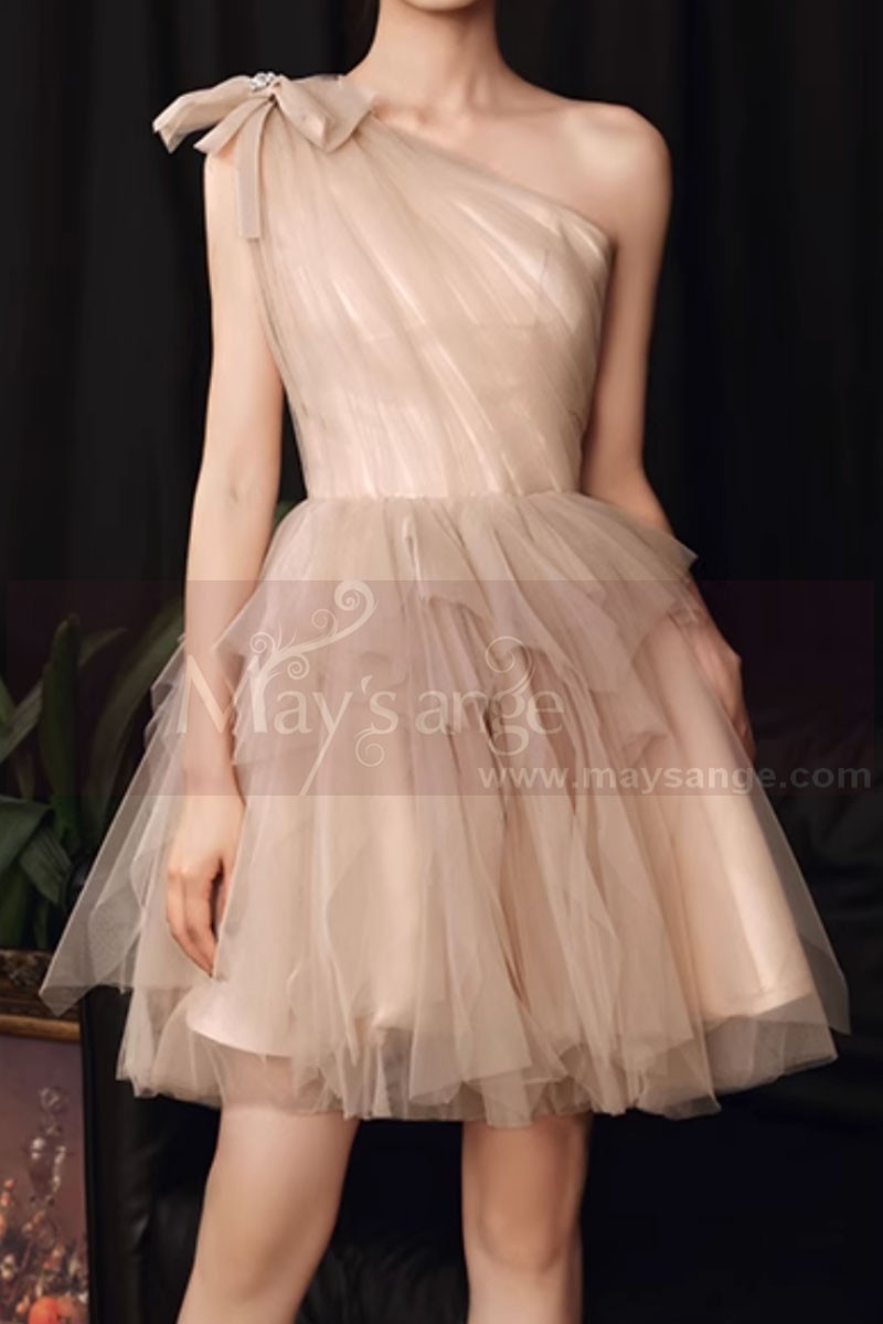 Robe soir?�e courte beige en tulle avec ceinture - Ref L2090 - Robes de soir?�e