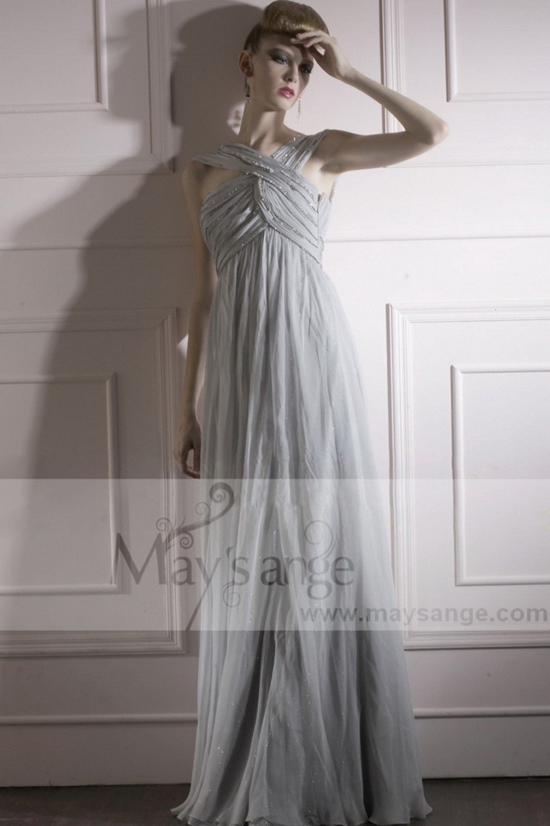 Long Silver Gray Ball Gown Prom Dress Draped And Crossed Top - Ref L232 - 01