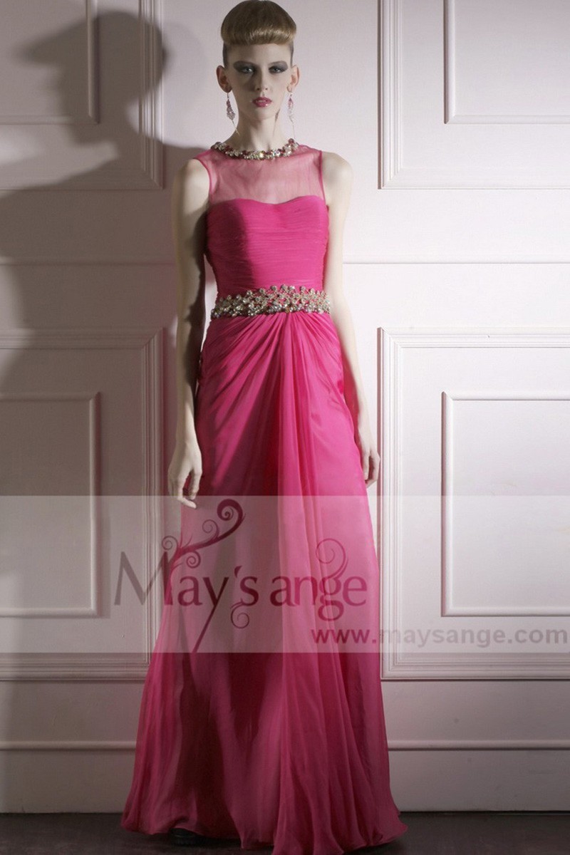 Robe Ceremonie Longue Fuschia Sans Manche Ceinture A Pierres - Ref L234 - 01