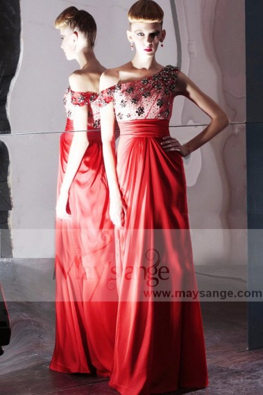 Elegant Satin Red Long Gala Dress Asymmetric Embellished Top - L236 #1