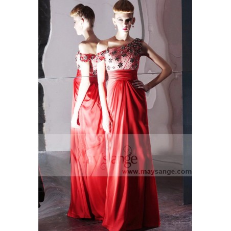 Elegant Satin Red Long Gala Dress Asymmetric Embellished Top