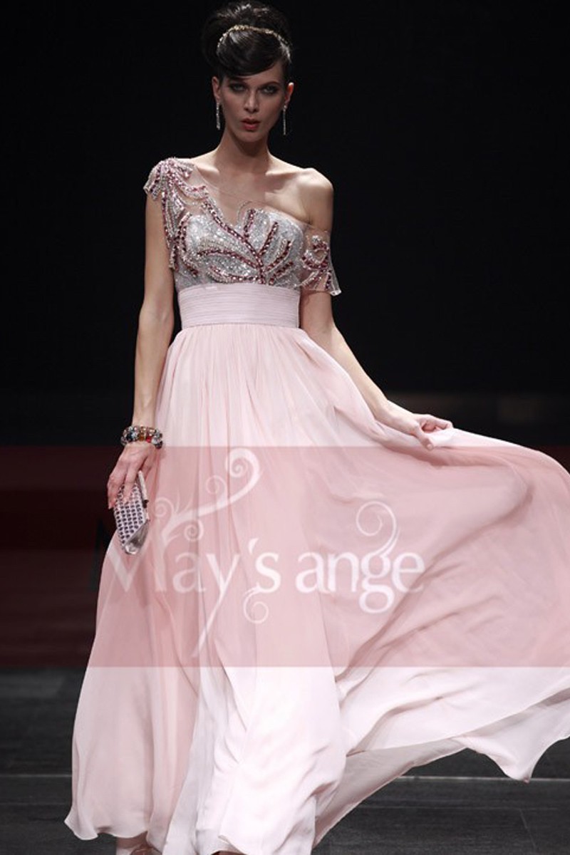 One Shoulder Long Pink Evening Dress With Embroidered Top - Ref L174 - 01 One Shoulder Long Pink Evening Dress With Embroidered Top - Ref L174 - 01