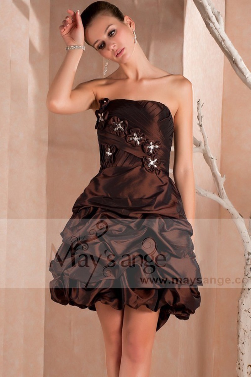 Short Strapless Brown Party Dress With Flowers - Ref C224 - 01