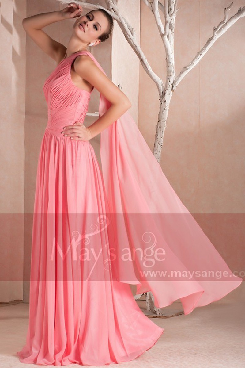 Robe de soir?�e Pens?�e rose avec bretelle unique en mousseline - Ref L240 - Robes de Gala