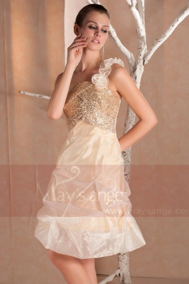 Gold dresses short evening with gold sequins and flowers on shoulder - C236 #1