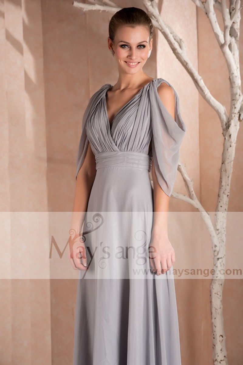 Robe longues de soirée gris Kate avec manches ajourées - Ref L257 - 01