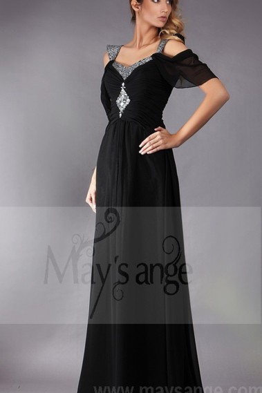 BLACK EVENING DRESS WITH OFF SHOULDER AND SHINY STRAPS - L193 #1